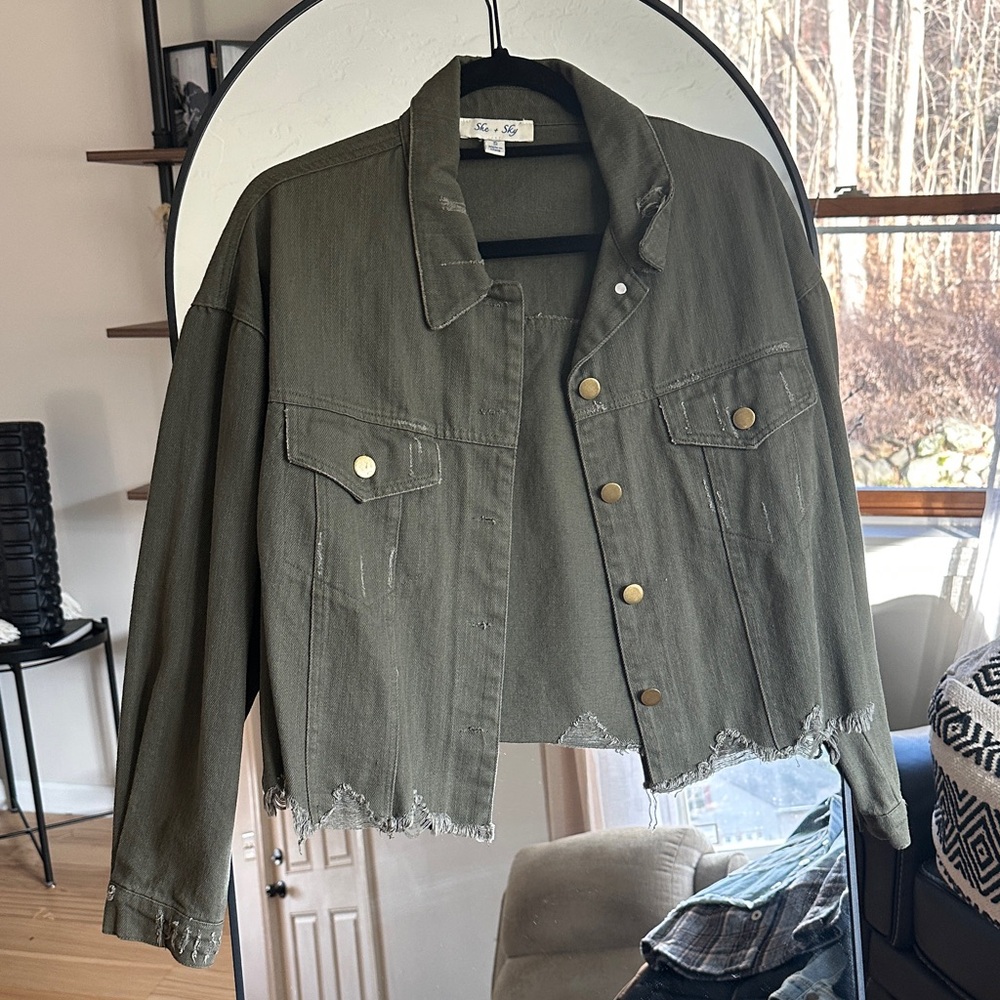 She + Sky Khaki Distressed Jean Jacket